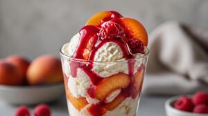 Pohár Peach Melba s vanilkovou zmrzlinou, broskvemi a malinovým přelivem