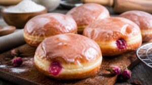 Polské nadýchané koblihy Pączki plněné růžovou zavařeninou s polevou