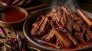 Pomalu dušené hovězí Birria s divokým kořením, skořicí a chilli papričkami Guajillo