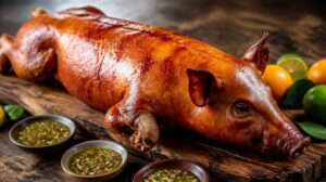 Pomalu pečené vepřové maso Lechón Asado marinované v česnekovo-citrusové omáčce Mojo
