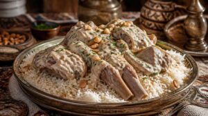 Pravá blízkovýchodní Mansaf: Slavnostní jehněčí maso vařené v omáčce ze sušeného fermentovaného jogurtu jameed s rýží