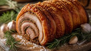 Pravá italská porchetta — pečený bůček s bylinkami a česnekem