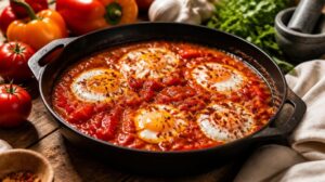 Pravá izraelská Shakshuka: Dokonale kořeněná pánev s rajčaty, paprikami a tekutými vejci podle šéfkuchařů z Tel Avivu