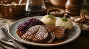 Pravá německá svíčková pečeně Sauerbraten s marinovaným hovězím masem