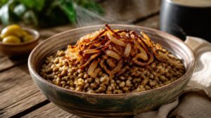 Pravá palestinská Mujadara: Levný a neskutečně chutný veganský oběd z čočky, bulguru a hory křupavé smažené cibulky