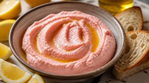 Pravá řecká pomazánka Taramasalata: Jemná růžová delikatesa z rybích jiker, oleje a citronové šťávy