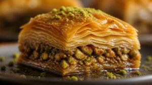 Pravá turecká Baklava s vlašskými ořechy, pistáciemi a cukrovým sirupem
