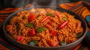 Pravá západoafrická rýže Jollof s rajčatovým základem, paprikami a chilli