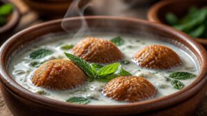 Pravé arabské Kibbeh bi Laban: Křupavé bulgurové šišky vařené v horké česnekovo-jogurtové omáčce s mátou