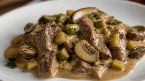 Pravé hovězí Stroganoff s hovězí svíčkovou, žampiony, kyselou okurkou a smetanou