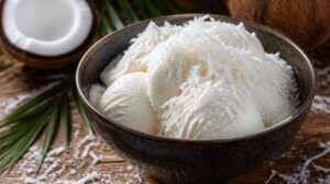 Pravé kokosové Gelato al cocco: Krémové osvěžení z kokosového mléka a smetany se strouhaným kokosem
