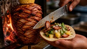 Pravé mexické Tacos al Pastor s vepřovým masem z vertikálního grilu, ananasem a koriandrem