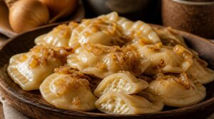 Pravé polské pirohy Pierogi ruskie s náplní z brambor, tvarohu a osmažené cibulky