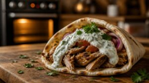Pravé řecké Gyros v pita chlebu: Jak doma v troubě připravit dokonale kořeněné trhané maso s tzatziki
