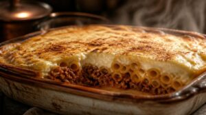 Pravé řecké Pastitsio: Zapečené roury s mletým masem, vůní skořice a bohatou vrstvou sýrového bešamelu