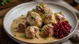 Pravé švédské masové kuličky Köttbullar se smetanovou omáčkou a brusinkami