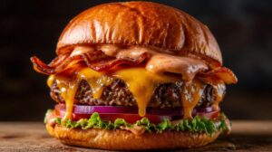 Pravý americký hovězí burger s rozteklým čedarem, slaninou a domácí omáčkou