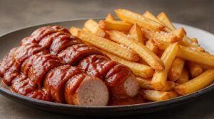 Pravý berlínský Currywurst s domácí pálivou omáčkou a hranolkami