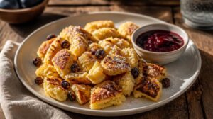 Pravý císařský trhanec Kaiserschmarrn s rozinkami a švestkovým povidlím Röstster