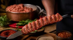 Pravý domácí Adana kebab z mletého jehněčího masa na špízu s chilli