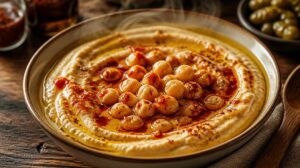 Pravý izraelský Hummus Masabacha: Teplá verze hummusu s celými kuličkami cizrny, citronovou šťávou a pálivou omáčkou