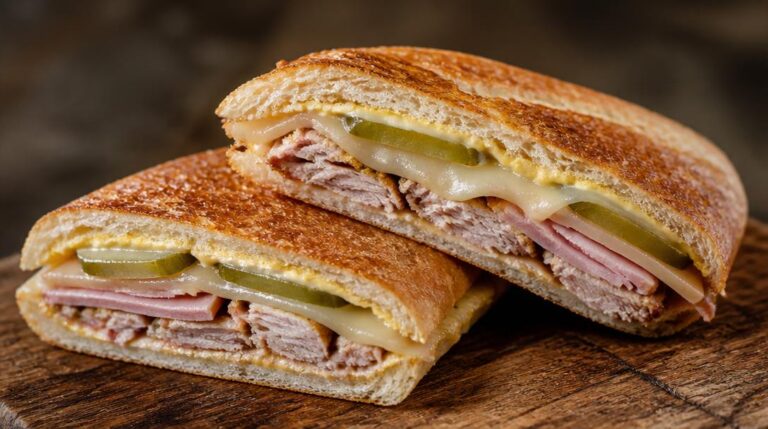 Pravý kubánský sendvič Cubano s pečeným vepřovým masem, šunkou, švýcarským sýrem, kyselou okurkou a hořčicí