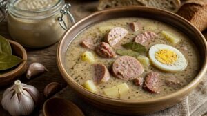 Pravý polský žurek Żurek s klobásou, uzeným masem, bramborami a vejcem natvrdo