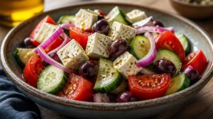 Pravý řecký salát s olivami kalamata, červenou cibulí a sýrem feta
