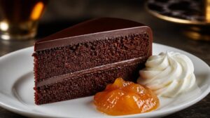 Pravý Sacherův dort Sachertorte s meruňkovou zavařeninou a neslazenou šlehačkou