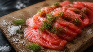 Pravý skandinávský gravlax — losos marinovaný v soli, cukru a obří porci kopru