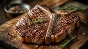Pravý toskánský hovězí steak na kosti s mořskou solí a rozmarýnem (bistecca alla fiorentina)