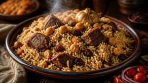 Pravý uzbecký plov s jehněčím masem, cizrnou, rozinkami a římským kmínem