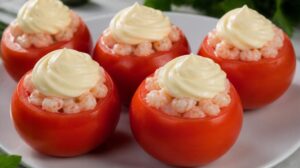 Rajčata plněná krevetami a domácí majonézou Tomates aux crevettes