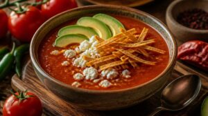 Rajčatová polévka Sopa de Tortilla s avokádem, sýrem a smaženými proužky tortilly