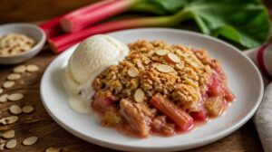 Rebarborový crumble s mandlovou drobenkou a zmrzlinou