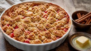 Rebarborový drobenkový koláč Rhubarb Crumble se skořicí a máslem