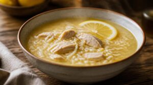 Řecká citronová polévka avgolamono s kuřecím masem a rýží