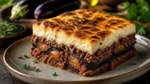 Řecký masový nákyp mousaka s lilkem, mletým masem a bešamelem
