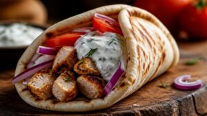 Řecký pita chléb plněný kuřecím gyrosem, rajčaty, cibulí a tzatziki