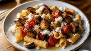 Rigatoni s pečeným lilkem, rajčaty a sýrem ricotta salata