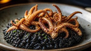 Rizoto se sépiovým barvivem a křupavými chapadly (risotto al nero di seppia)