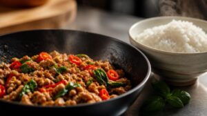 Rychlé thajské mleté maso s chilli a bazalkou na rýži
