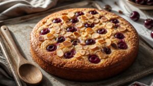 Rychlý jogurtový koláč s třešněmi a mandlovými plátky: Hrníčkový recept na plech pro líná nedělní odpoledne