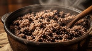 Rýže s černými fazolemi Moros y Cristianos vařená dohromady v jednom hrnci