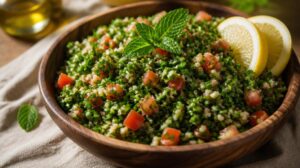 Salát Tabbouleh s bulgurem, obří porcí petrželky, rajčaty a mátou
