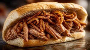 Sendvič Pan con Lechón s teplým trhaným vepřovým masem a křupavou cibulkou
