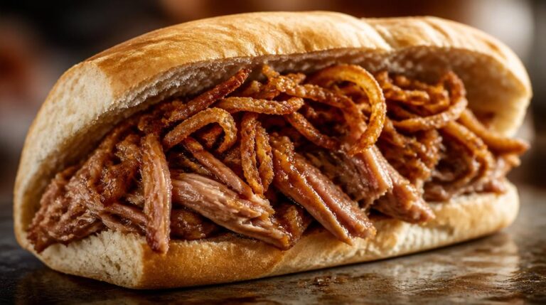 Sendvič Pan con Lechón s teplým trhaným vepřovým masem a křupavou cibulkou