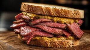 Sendvič s montrealským uzeným masem Smoked Meat a ostrou hořčicí
