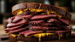Sendvič s montrealským uzeným masem Smoked Meat a ostrou hořčicí