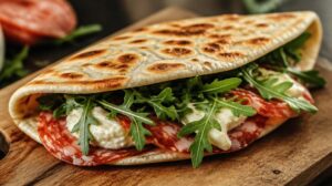 Sicilská piadina s pikantním salámem, sýrem stracchino a rucolou